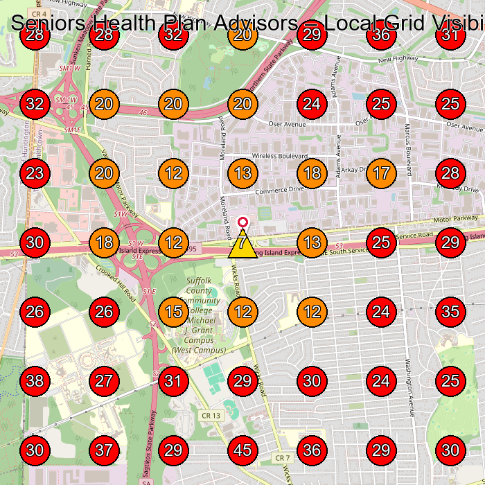 Seniors Health Plan Advisors GeoGrid visibility map for Health Insurance Agency in Commack
